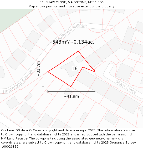 16, SHAW CLOSE, MAIDSTONE, ME14 5DN: Plot and title map