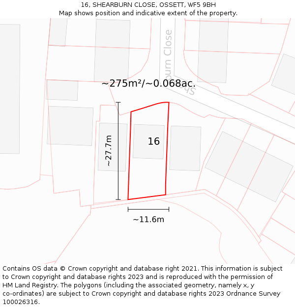 16, SHEARBURN CLOSE, OSSETT, WF5 9BH: Plot and title map