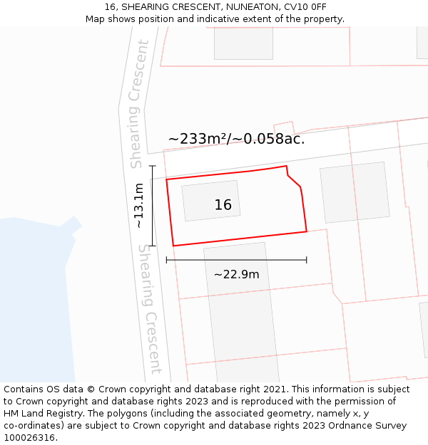 16, SHEARING CRESCENT, NUNEATON, CV10 0FF: Plot and title map