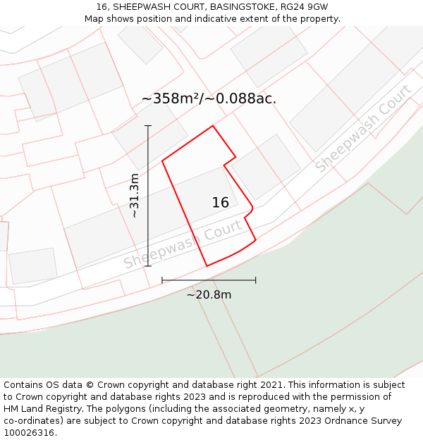 16, SHEEPWASH COURT, BASINGSTOKE, RG24 9GW: Plot and title map