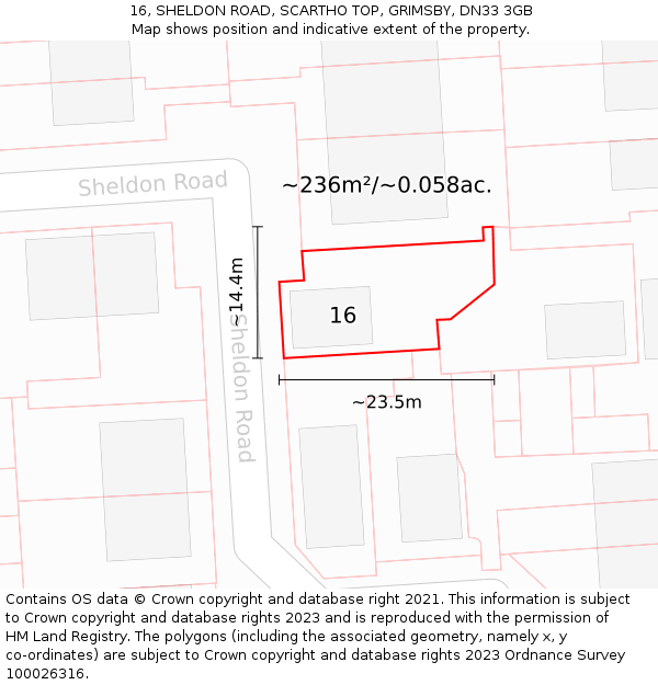 16, SHELDON ROAD, SCARTHO TOP, GRIMSBY, DN33 3GB: Plot and title map