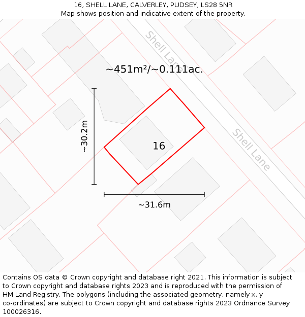 16, SHELL LANE, CALVERLEY, PUDSEY, LS28 5NR: Plot and title map