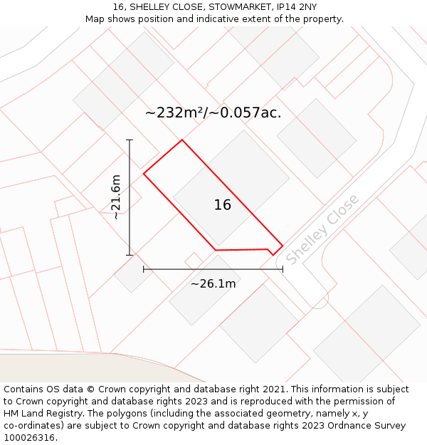 16, SHELLEY CLOSE, STOWMARKET, IP14 2NY: Plot and title map