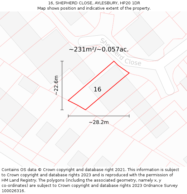 16, SHEPHERD CLOSE, AYLESBURY, HP20 1DR: Plot and title map