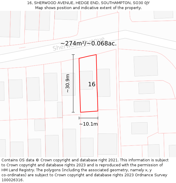 16, SHERWOOD AVENUE, HEDGE END, SOUTHAMPTON, SO30 0JY: Plot and title map