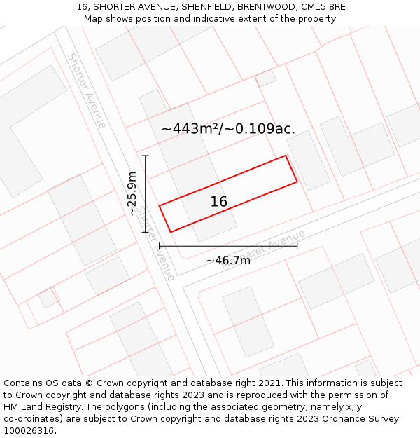 16, SHORTER AVENUE, SHENFIELD, BRENTWOOD, CM15 8RE: Plot and title map