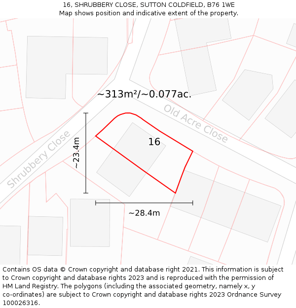16, SHRUBBERY CLOSE, SUTTON COLDFIELD, B76 1WE: Plot and title map