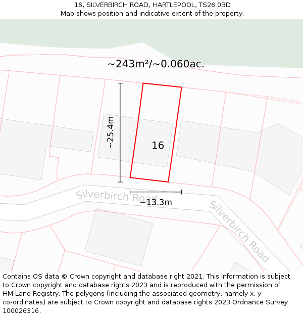 16, SILVERBIRCH ROAD, HARTLEPOOL, TS26 0BD: Plot and title map