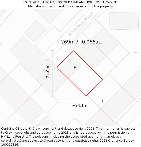 16, SILVERLEA ROAD, LOSTOCK GRALAM, NORTHWICH, CW9 7FE: Plot and title map