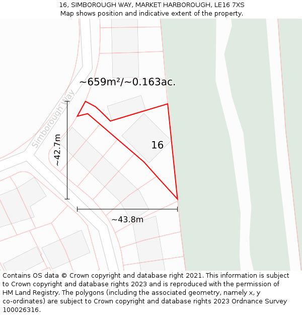 16, SIMBOROUGH WAY, MARKET HARBOROUGH, LE16 7XS: Plot and title map