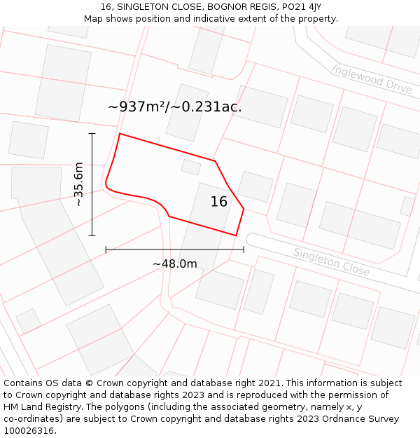16, SINGLETON CLOSE, BOGNOR REGIS, PO21 4JY: Plot and title map