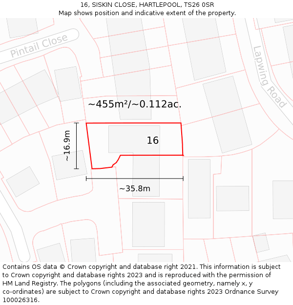 16, SISKIN CLOSE, HARTLEPOOL, TS26 0SR: Plot and title map