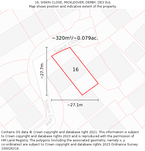 16, SISKIN CLOSE, MICKLEOVER, DERBY, DE3 0UL: Plot and title map
