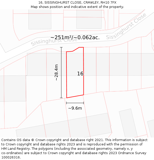 16, SISSINGHURST CLOSE, CRAWLEY, RH10 7FX: Plot and title map