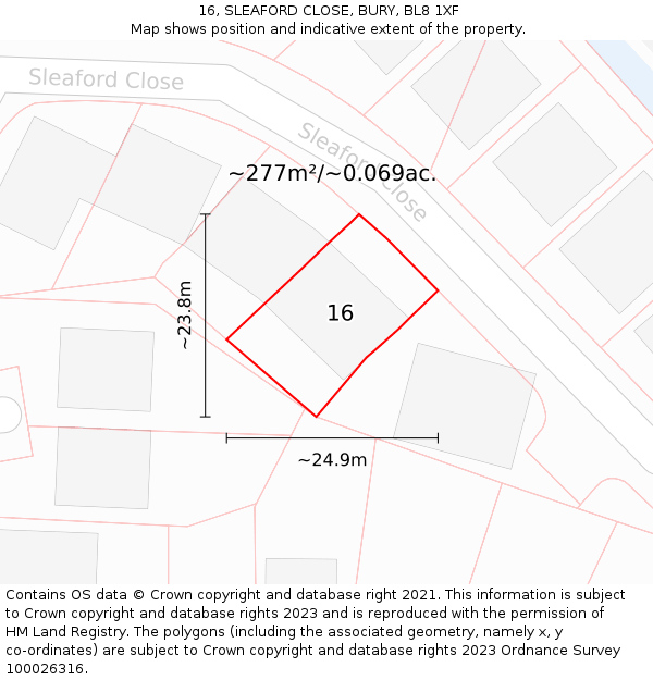 16, SLEAFORD CLOSE, BURY, BL8 1XF: Plot and title map