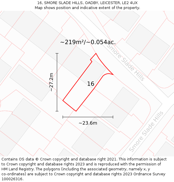 16, SMORE SLADE HILLS, OADBY, LEICESTER, LE2 4UX: Plot and title map