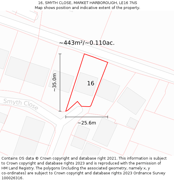 16, SMYTH CLOSE, MARKET HARBOROUGH, LE16 7NS: Plot and title map
