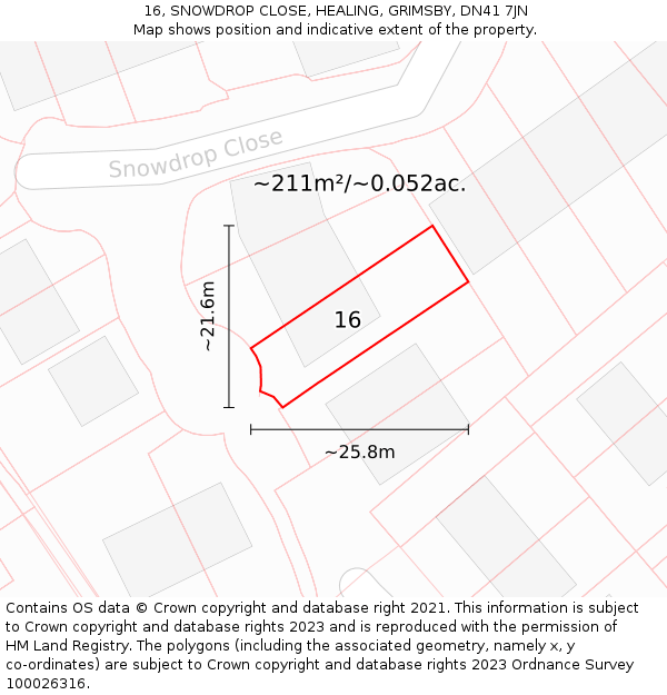 16, SNOWDROP CLOSE, HEALING, GRIMSBY, DN41 7JN: Plot and title map