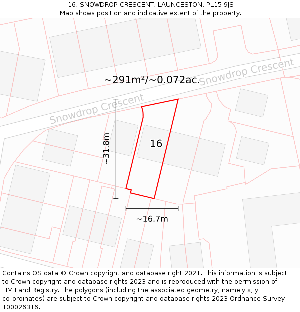 16, SNOWDROP CRESCENT, LAUNCESTON, PL15 9JS: Plot and title map