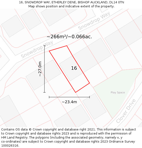 16, SNOWDROP WAY, ETHERLEY DENE, BISHOP AUCKLAND, DL14 0TN: Plot and title map