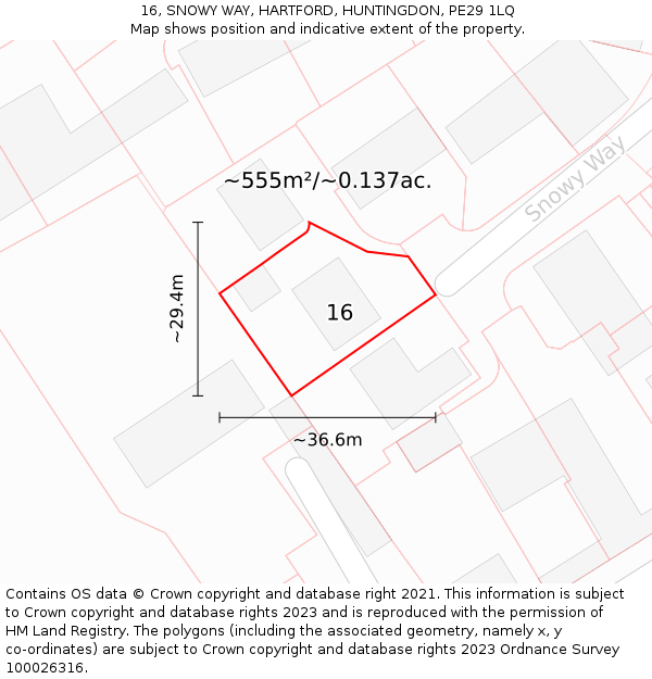 16, SNOWY WAY, HARTFORD, HUNTINGDON, PE29 1LQ: Plot and title map