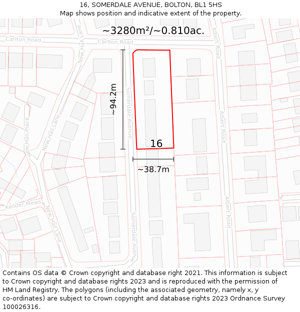16, SOMERDALE AVENUE, BOLTON, BL1 5HS: Plot and title map