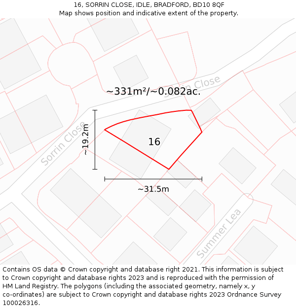 16, SORRIN CLOSE, IDLE, BRADFORD, BD10 8QF: Plot and title map