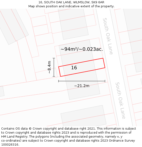 16, SOUTH OAK LANE, WILMSLOW, SK9 6AR: Plot and title map