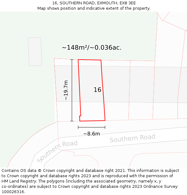 16, SOUTHERN ROAD, EXMOUTH, EX8 3EE: Plot and title map