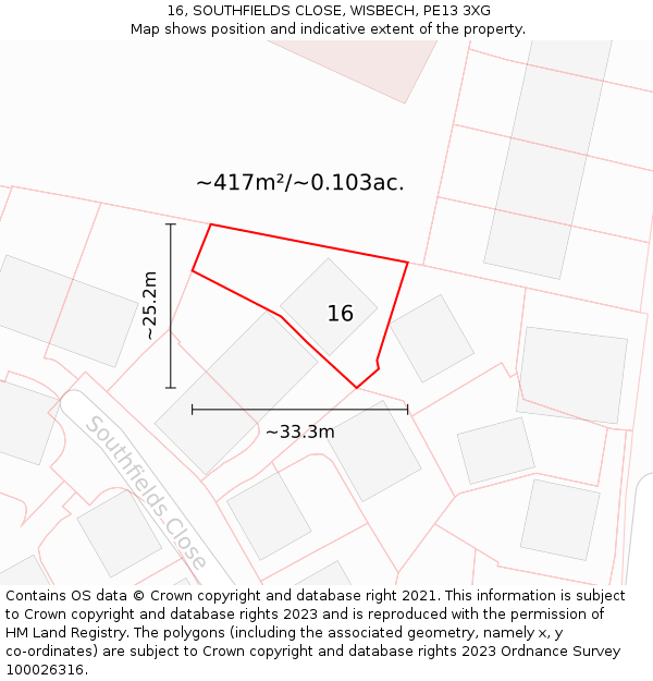 16, SOUTHFIELDS CLOSE, WISBECH, PE13 3XG: Plot and title map