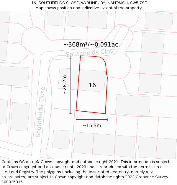 16, SOUTHFIELDS CLOSE, WYBUNBURY, NANTWICH, CW5 7SE: Plot and title map