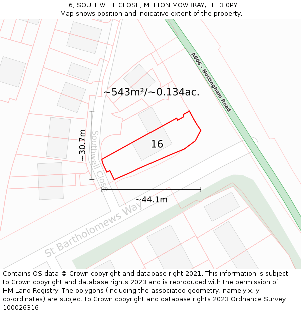16, SOUTHWELL CLOSE, MELTON MOWBRAY, LE13 0PY: Plot and title map
