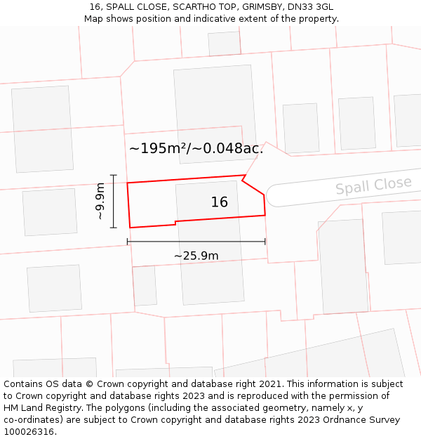 16, SPALL CLOSE, SCARTHO TOP, GRIMSBY, DN33 3GL: Plot and title map