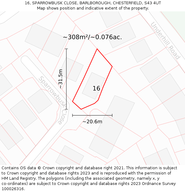 16, SPARROWBUSK CLOSE, BARLBOROUGH, CHESTERFIELD, S43 4UT: Plot and title map