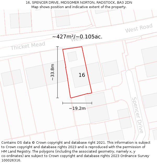 16, SPENCER DRIVE, MIDSOMER NORTON, RADSTOCK, BA3 2DN: Plot and title map