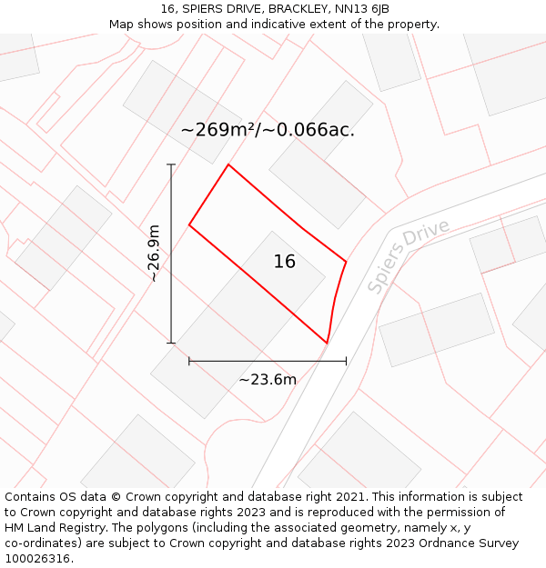 16, SPIERS DRIVE, BRACKLEY, NN13 6JB: Plot and title map