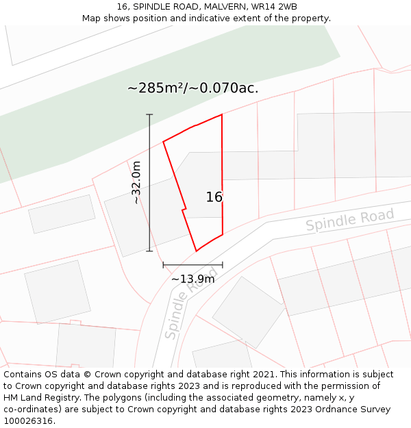 16, SPINDLE ROAD, MALVERN, WR14 2WB: Plot and title map
