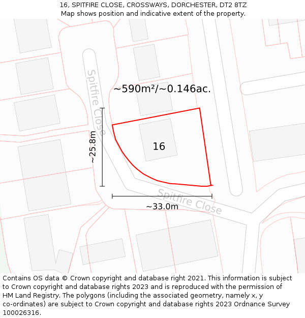 16, SPITFIRE CLOSE, CROSSWAYS, DORCHESTER, DT2 8TZ: Plot and title map