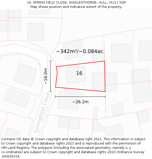 16, SPRING FIELD CLOSE, SIGGLESTHORNE, HULL, HU11 5QP: Plot and title map
