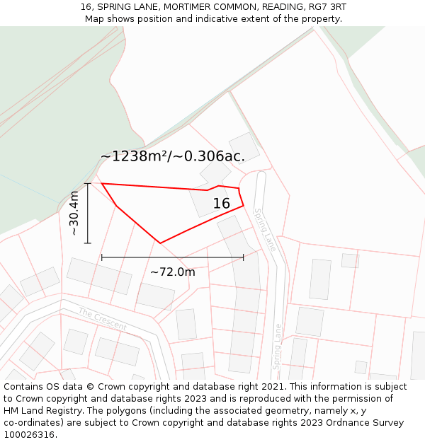 16, SPRING LANE, MORTIMER COMMON, READING, RG7 3RT: Plot and title map