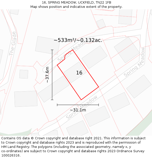 16, SPRING MEADOW, UCKFIELD, TN22 1FB: Plot and title map