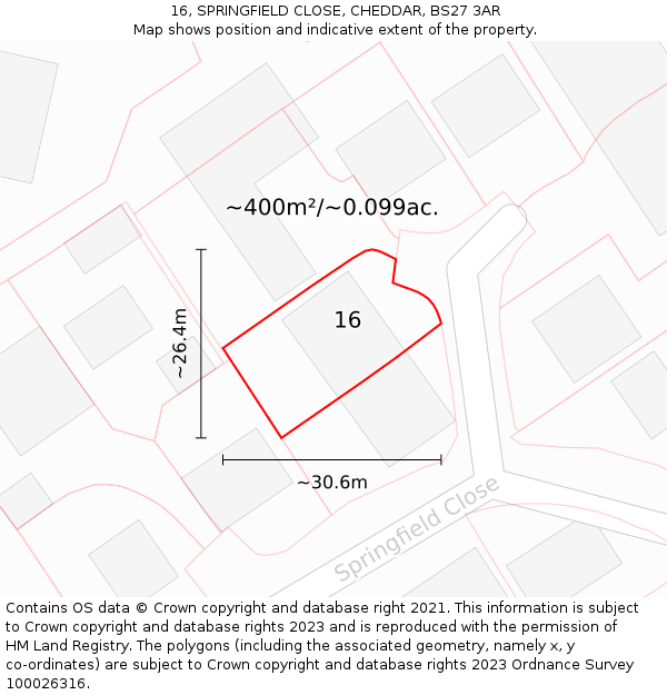 16, SPRINGFIELD CLOSE, CHEDDAR, BS27 3AR: Plot and title map