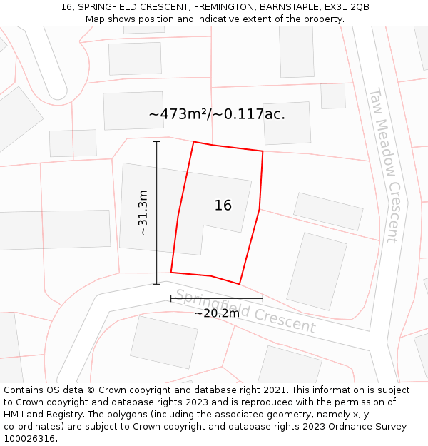 16, SPRINGFIELD CRESCENT, FREMINGTON, BARNSTAPLE, EX31 2QB: Plot and title map