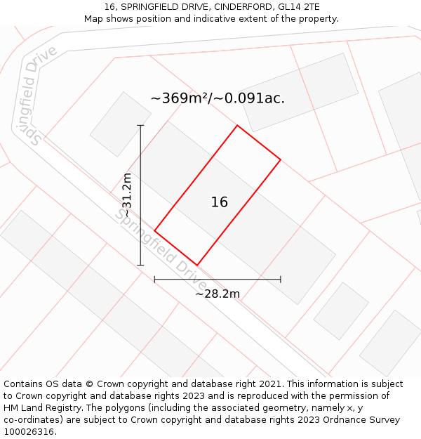 16, SPRINGFIELD DRIVE, CINDERFORD, GL14 2TE: Plot and title map