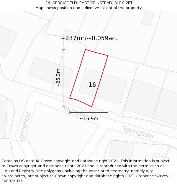 16, SPRINGFIELD, EAST GRINSTEAD, RH19 2RT: Plot and title map