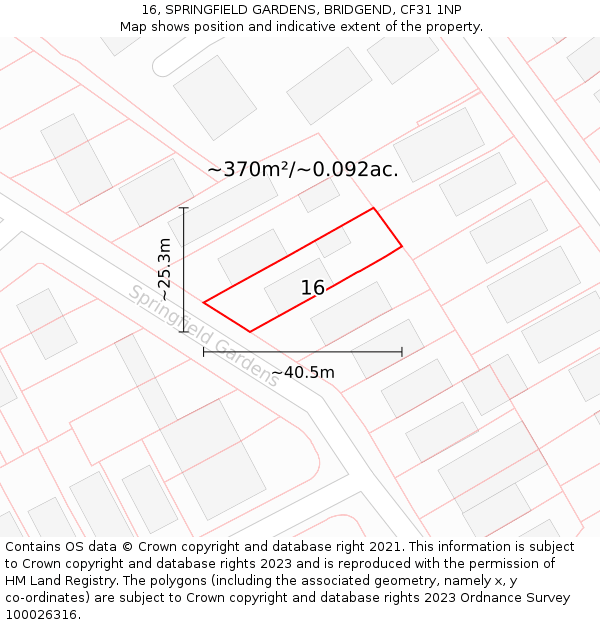 16, SPRINGFIELD GARDENS, BRIDGEND, CF31 1NP: Plot and title map