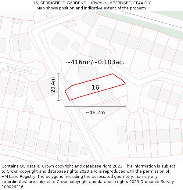 16, SPRINGFIELD GARDENS, HIRWAUN, ABERDARE, CF44 9LY: Plot and title map