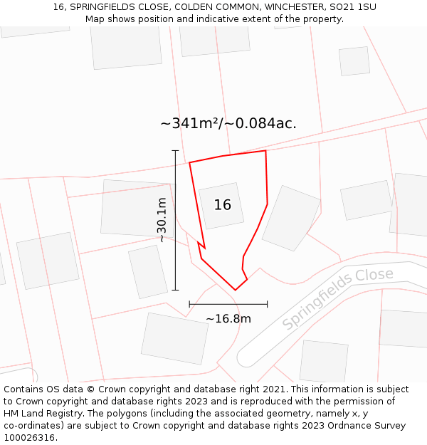 16, SPRINGFIELDS CLOSE, COLDEN COMMON, WINCHESTER, SO21 1SU: Plot and title map