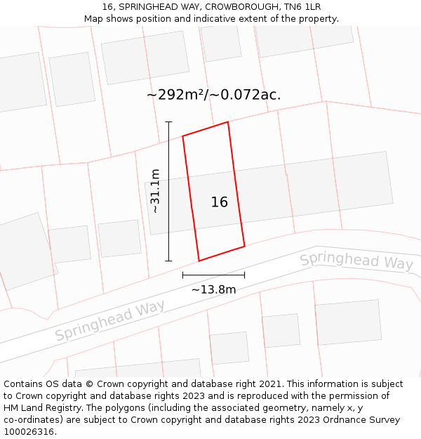 16, SPRINGHEAD WAY, CROWBOROUGH, TN6 1LR: Plot and title map