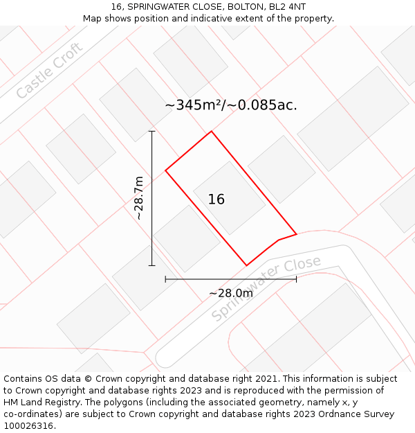 16, SPRINGWATER CLOSE, BOLTON, BL2 4NT: Plot and title map